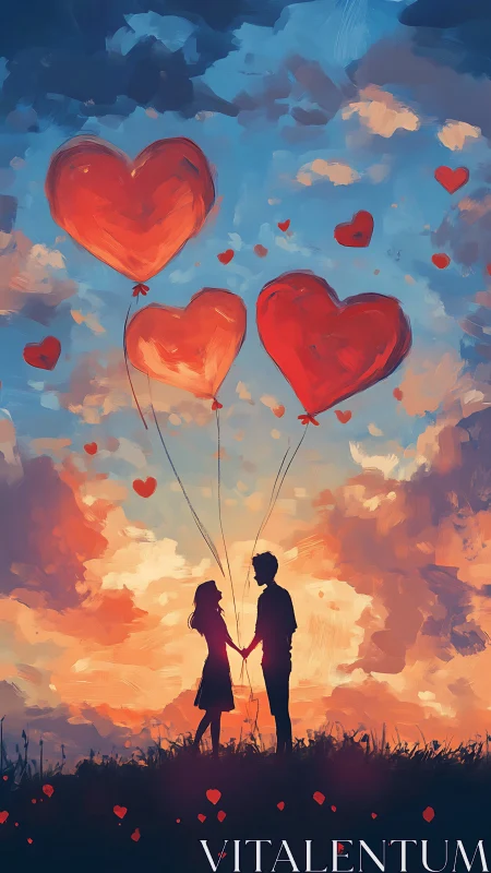Couple holding heart-shaped balloons in romantic sunset sky