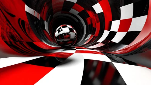 Bold checkered tunnel swirling around a playful chrome sphere.