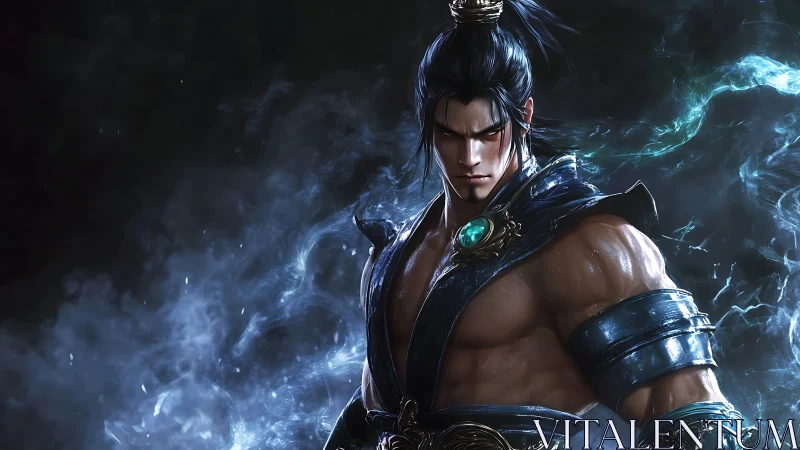 Arcane warrior in blue armor emerges from swirling ethereal mist