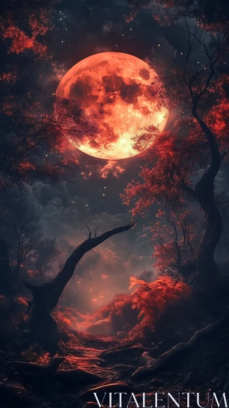 Blood-red full moon illuminates dark forest path at night