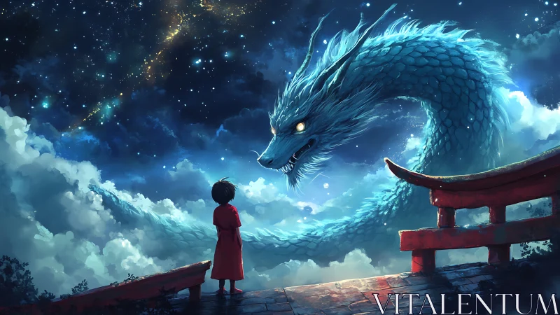 Child confronts celestial dragon above clouds under starry sky