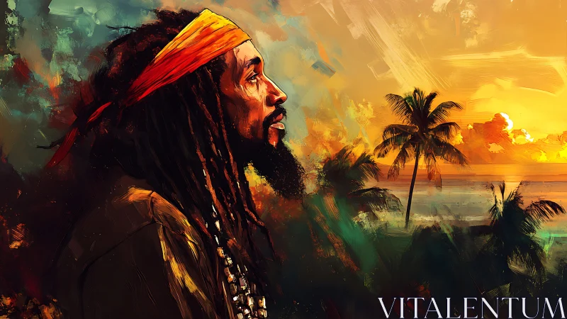 Profile portrait in painterly sunset Caribbean coastal scene