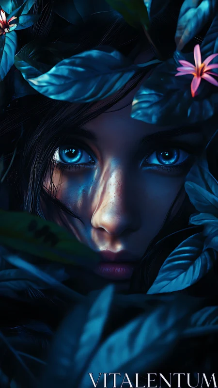 Female face framed by blue-toned foliage and flowers.