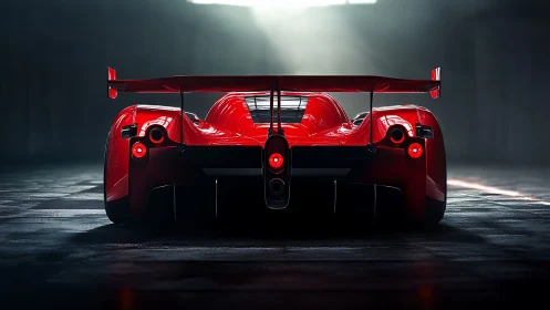 Sleek red race car waiting in spotlighted pit lane hush.