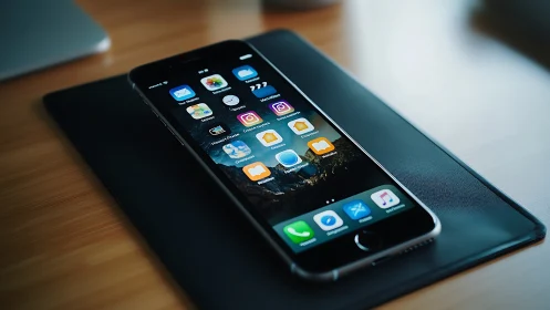 iPhone display on wooden surface showing app interface