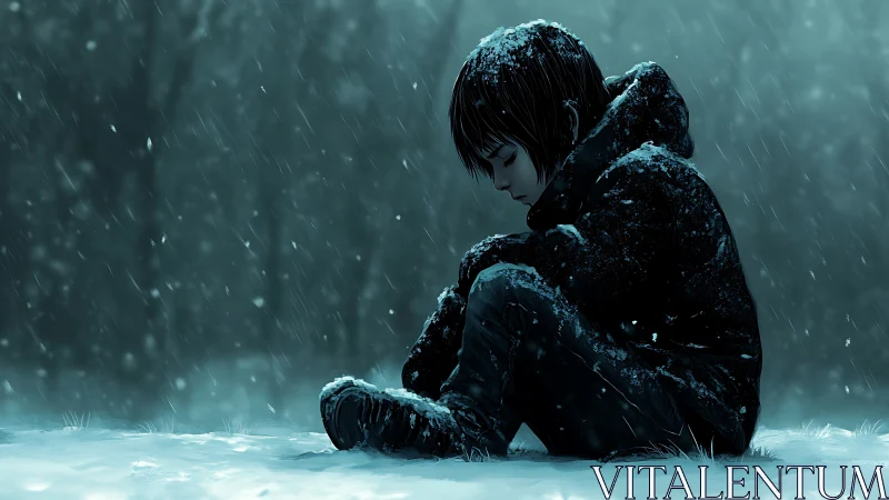 Solitary child in snowstorm rendered with cinematic digital lighting