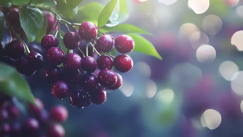 Morning dew jewels on ripe cherries in dreamy orchard glow.