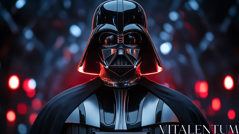 Sith lord helmet glows under neon red and blue bokeh.