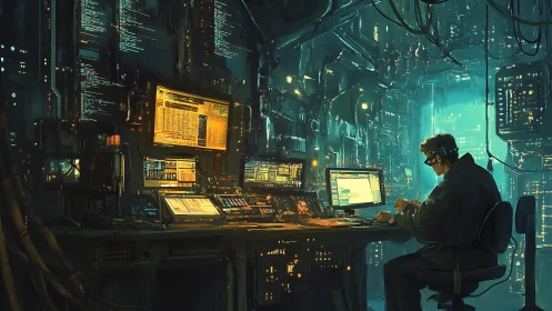 Midnight codebreaker in a neon wired cyber control hive.