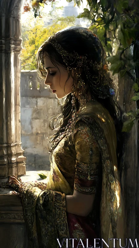 Solitary princess bathed in golden courtyard afternoon light