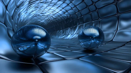 Chrome orbs drift through a liquid lattice of blue light.