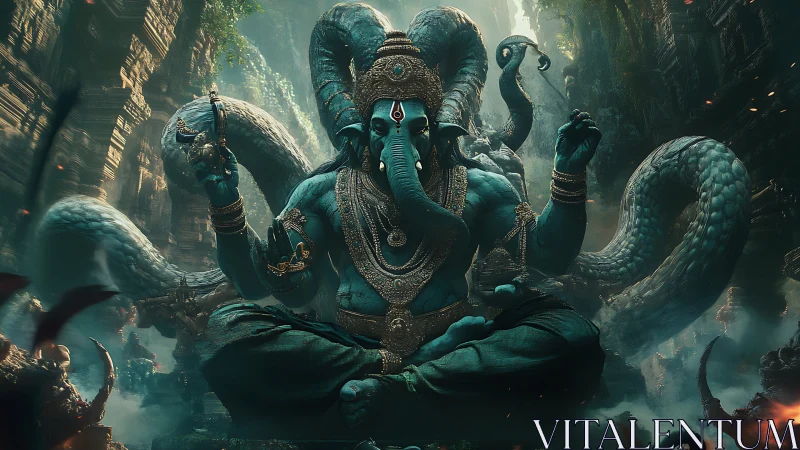 Serene blue deity with serpent guardians in lush temple ruins.