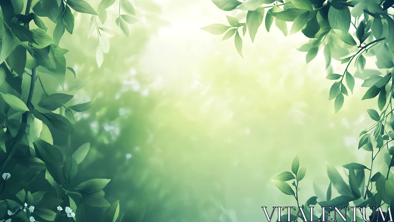 Sunlit foliage arch framing soft green bokeh glow.