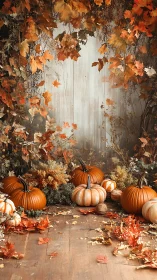 Autumn harvest still life with pumpkins on rustic wooden floor
