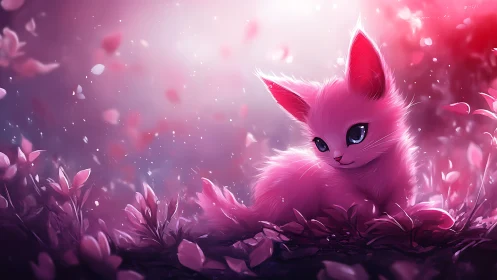 Pink fantasy kitten rests among glowing petals at dusk