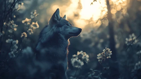 Wolf profile in soft dusk forest with pale blossoms.