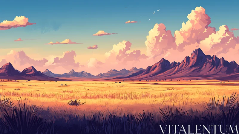 Sunlit grassland stretches toward violet desert peaks.