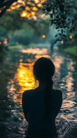 Silhouetted woman watches river sunset reflections in dusk