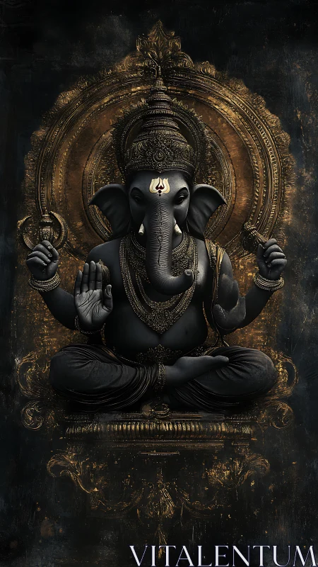 Ganesh deity rendered in dark stone with gilded halo.