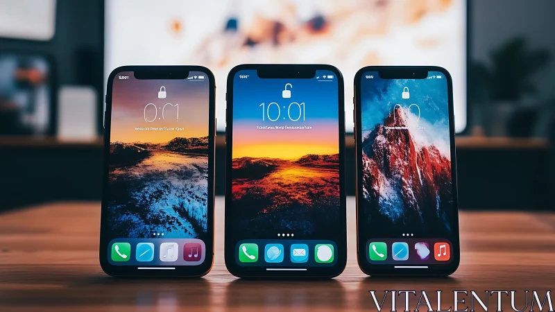 Cozy lineup of modern smartphones glowing with sunset scenes.