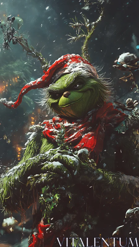 Mischievous green holiday trickster in snowy forest glow.