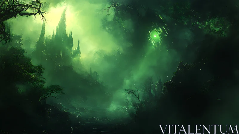 Nocturnal necrotic citadel amid toxic emerald forest mists.