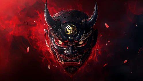 Demonic oni mask bursts from scarlet smoke with molten stare