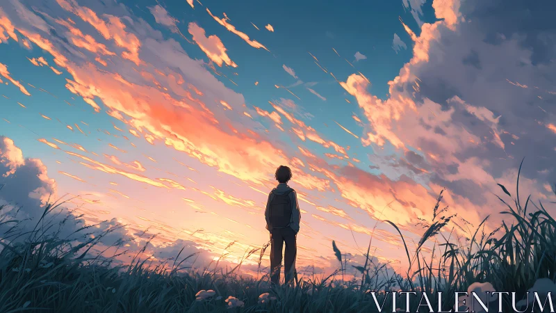 Soft sunset sky welcomes a quiet traveler in tall grass