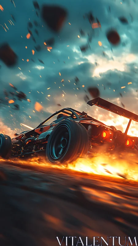 Aerodynamic rally buggy in incendiary high-velocity drift mode.