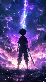 Stargazing swordsman beneath a luminous galactic rift.