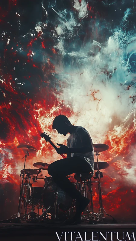 Guitarist ignites cosmic drumstage in storm of color and sound.