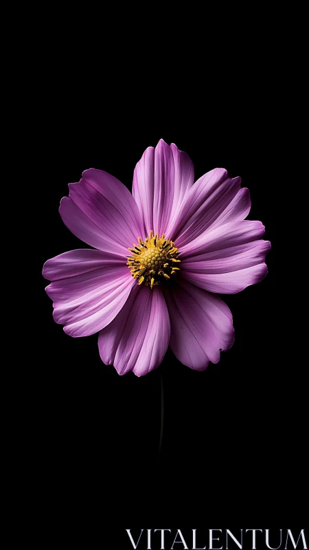 Purple cosmos flower with golden center on black background.