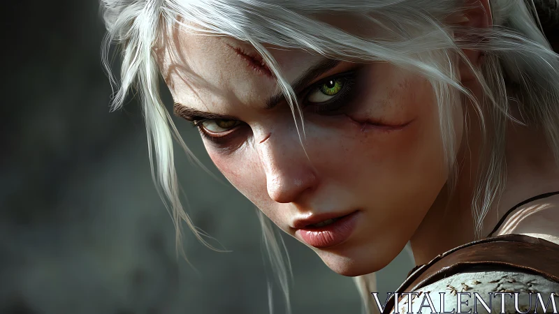 Scarred silver huntress narrows blazing eyes before battle