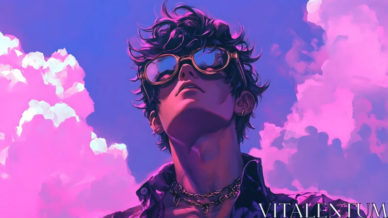 Neon-lit youth gazing skyward amid dreamy pink clouds.