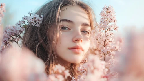 Soft-focus portrait amid vernal cherry blossom diffusion field.