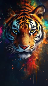 Chromatic tiger visage with splattered spectral pigment field.