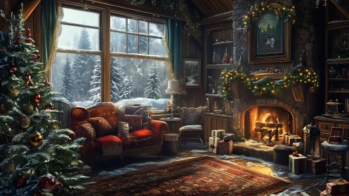 Snowy cabin Christmas hearth with glowing tree and gifts.