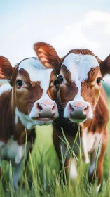 Close-up portrait of two juvenile dairy calves in pasture