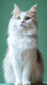 White Long-Haired Feline With Amber Heterochromatic Eyes Against Green Background