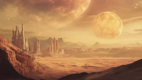 Alien desert planet with twin moons over spire canyons.