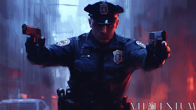 Police officer holds two pistols in an urban environment