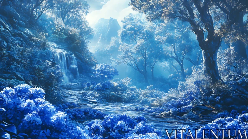 Digital forest landscape with waterfall and blue flowering vegetation