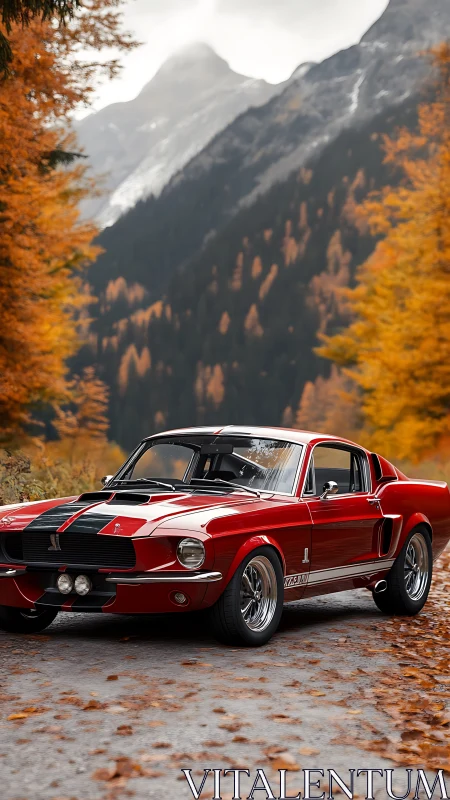 Red classic muscle car stands on autumn mountain road