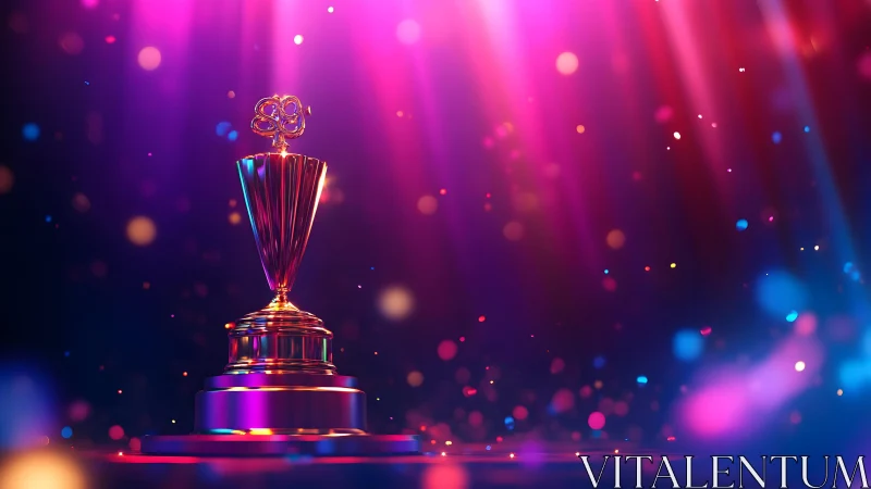 Golden trophy on stage with colorful lights and sparkles, digital art.