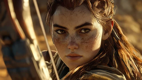 Sunlit archer narrows freckled gaze before the next shot
