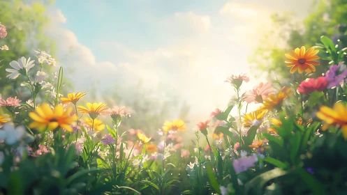 Wildflower Meadow Awakening in Golden Sunlight.