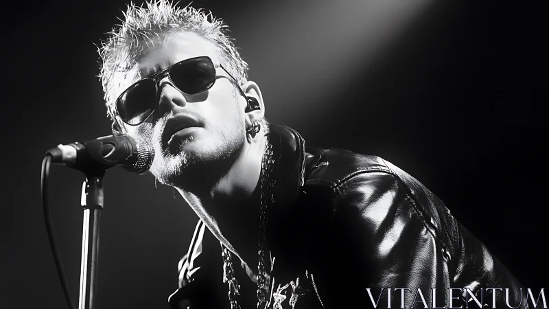 Moody rock vocalist in spotlight with glossy leather jacket.