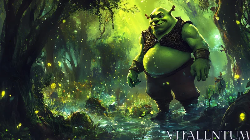 Green ogre explores glowing forest stream at dusk.