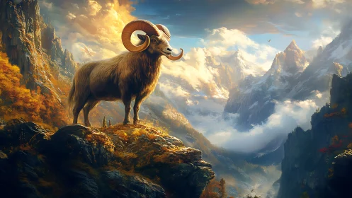 Majestic ram surveys a sunlit fantasy mountain valley