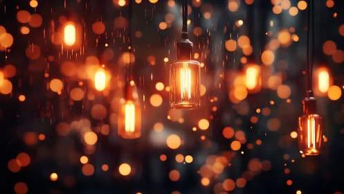 Hanging filament bulbs glowing through warm bokeh rain.